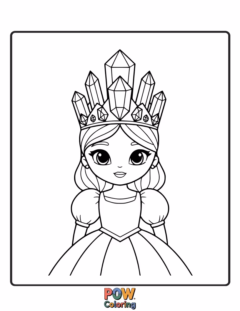 Free coloring page of A radiant princess wearing a delicate crown made of sparkling crystals.
