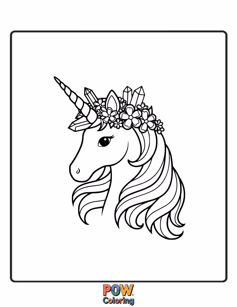Free coloring page of Unicorn wearing an intricate crown woven from delicate crystal flowers.