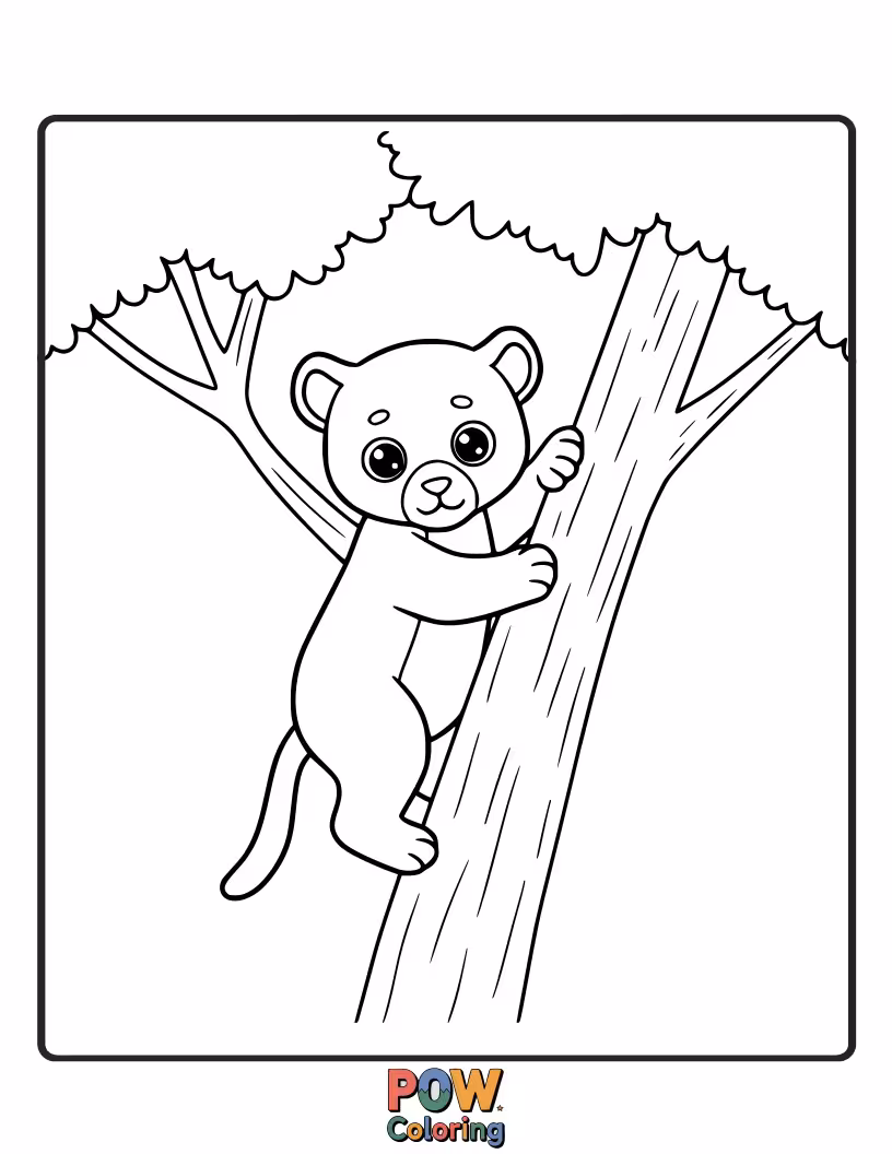 Free coloring page of An adventurous bear cub stretching and climbing a tree trunk. Great for practicing fine motor skills and imagination.