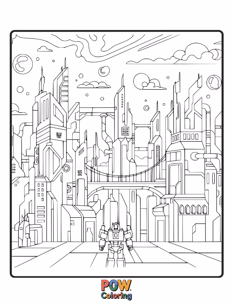 Free coloring page of The alien planet Cybertron, with its unique architecture and glowing energy, a backdrop for Transformer adventures.