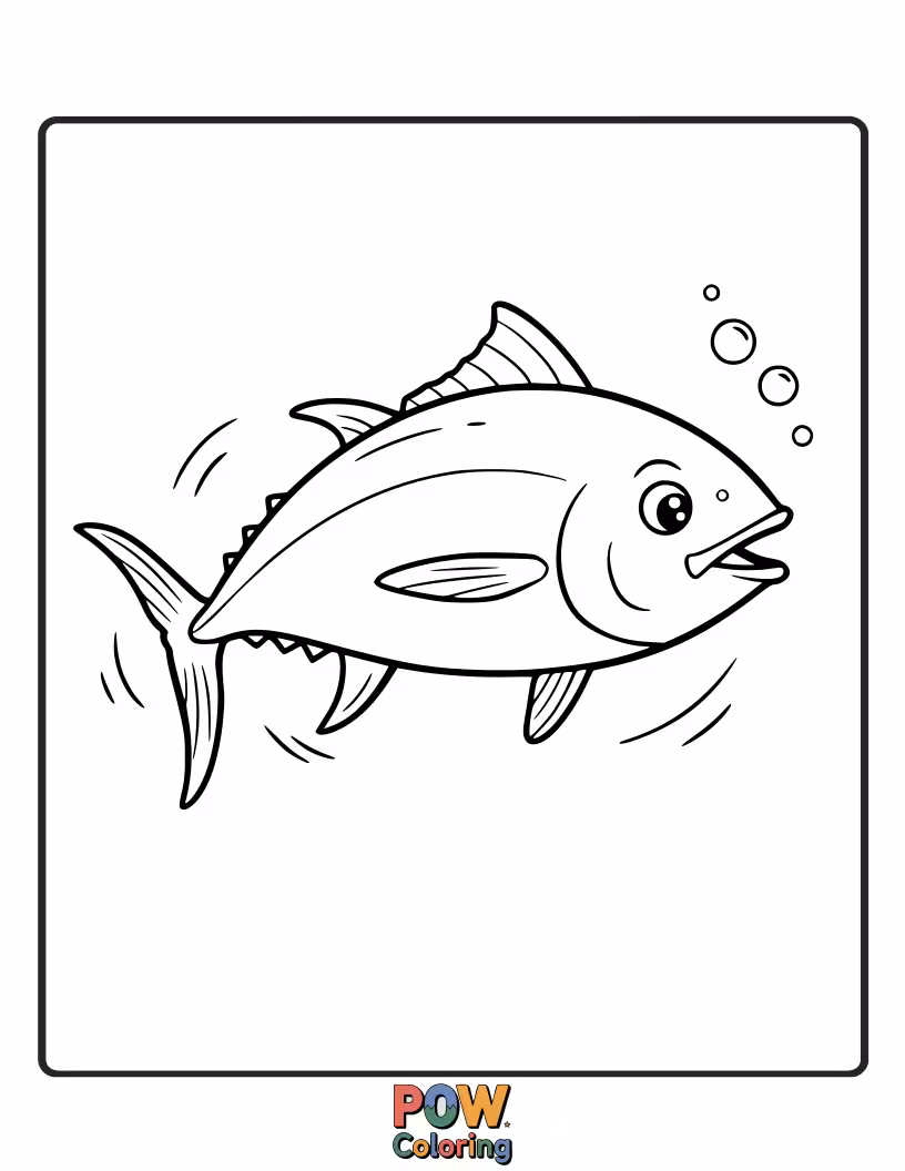 Free coloring page of A streamlined tuna outline, encouraging coloring in a forward-moving motion and learning about fast ocean swimmers.