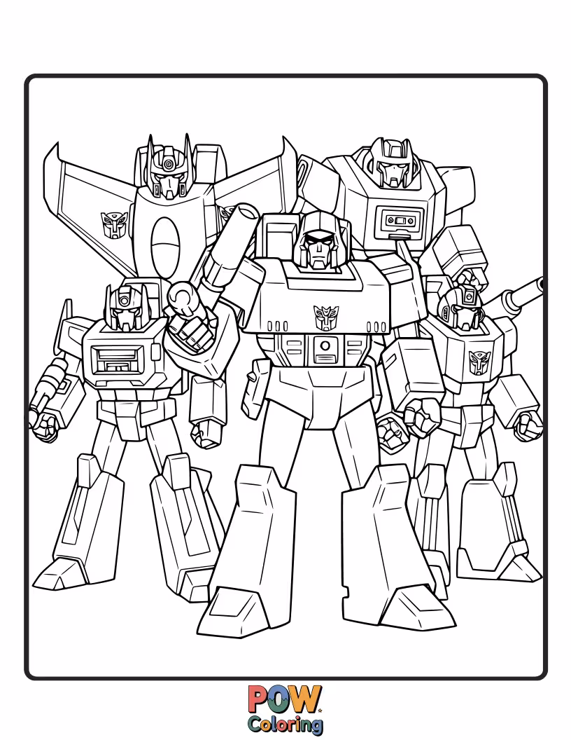 Free coloring page of A menacing assembly of Decepticons, showcasing their evil power and unity for a dark coloring palette.