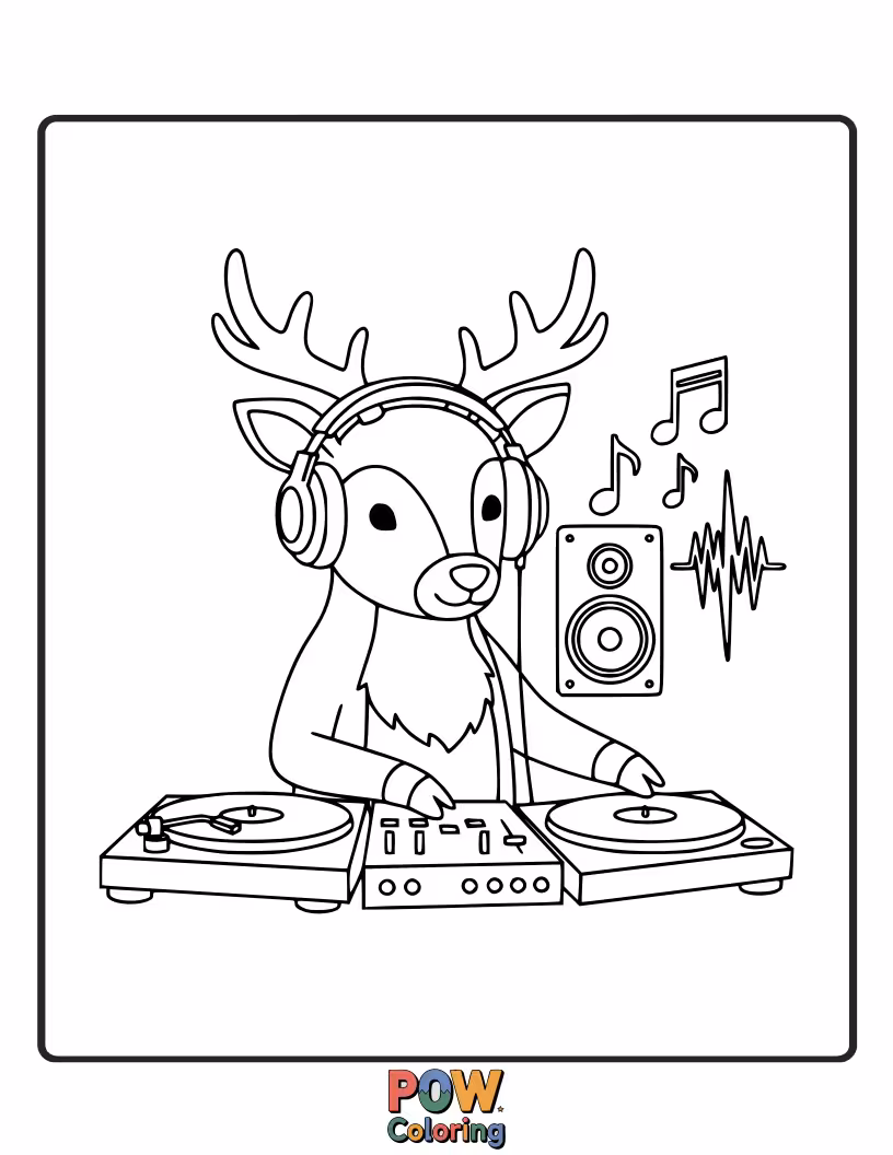 Free coloring page of A deer with headphones on, enthusiastically spinning records and mixing beats for a woodland rave.