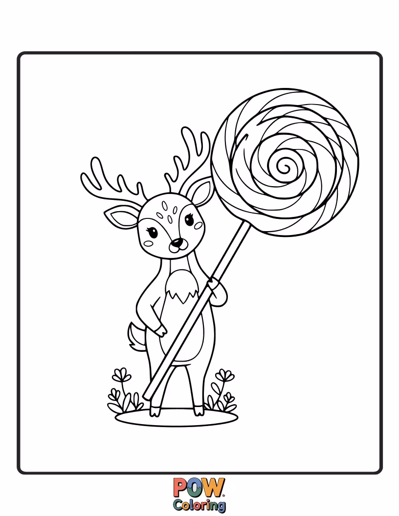 Free coloring page of This deer is excitedly licking a comically large lollipop, its tongue sticking out in concentration.