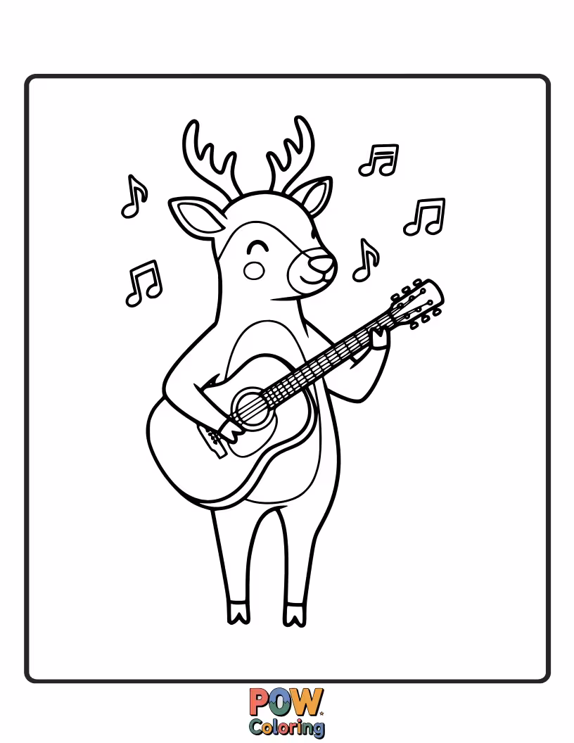 Free coloring page of This deer is strumming a guitar with passion, singing a deer-song with a funny, open mouth.