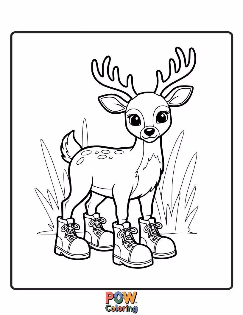 Free coloring page of A deer sporting oversized, colorful rain boots, looking ready to splash in puddles with glee.