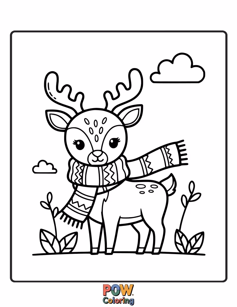 Free coloring page of A deer looking cozy in an extra-long, brightly colored scarf, its nose peeking out playfully.