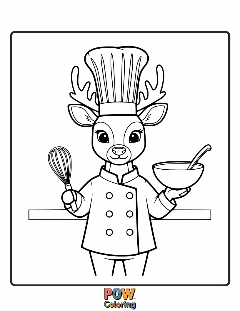 Free coloring page of A deer in a chef's hat and apron, clumsily trying to cook a meal in a chaotic kitchen.
