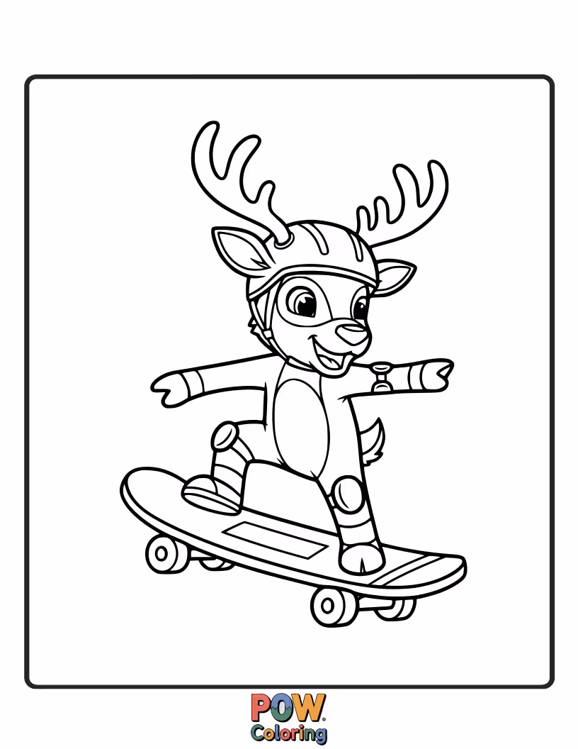 Free coloring page of A deer attempts to shred on a skateboard, its hooves awkwardly placed for a wobbly ride.