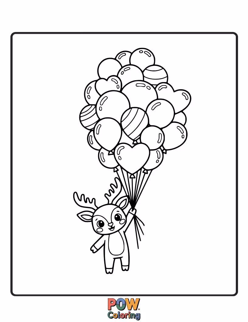 Free coloring page of A deer holding onto a huge bunch of brightly colored balloons, being pulled upwards with a surprised look.