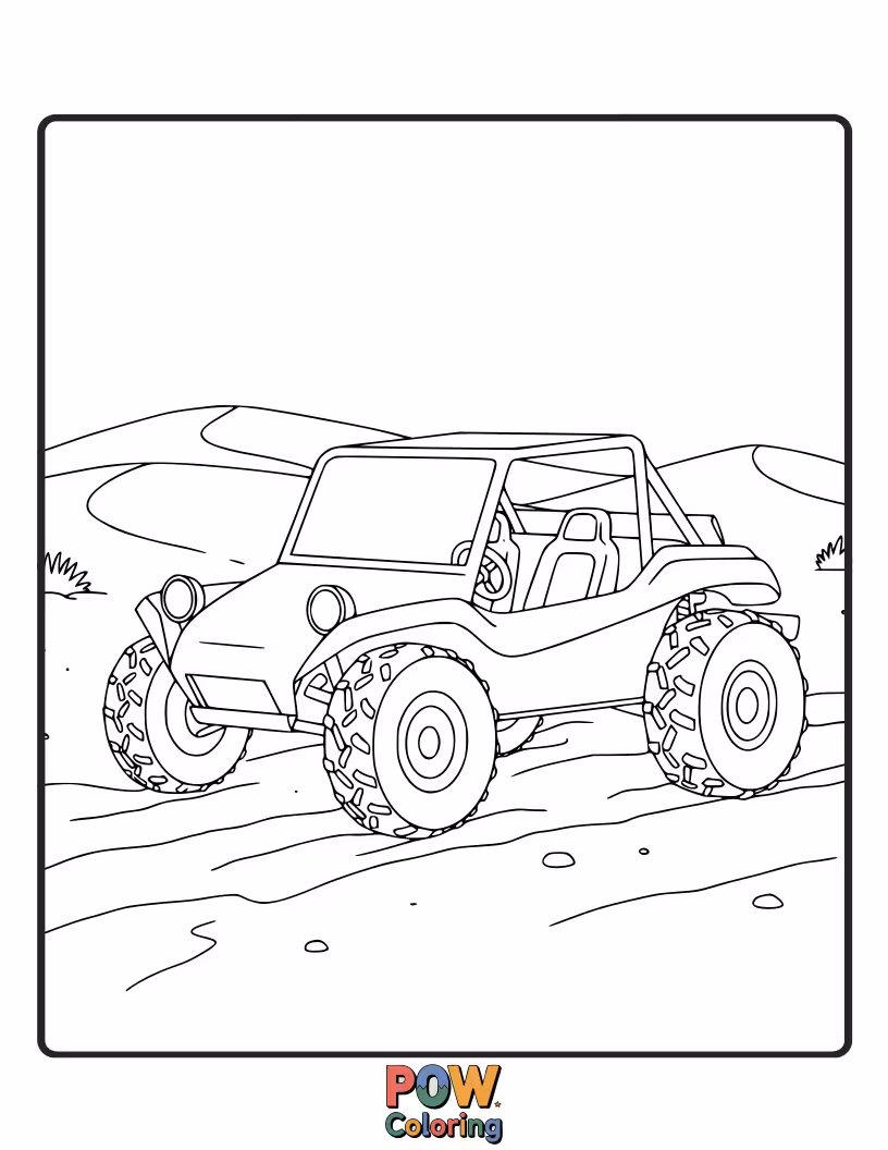 Free coloring page of A speedy dune buggy kicking up sand as it races across arid desert landscapes.