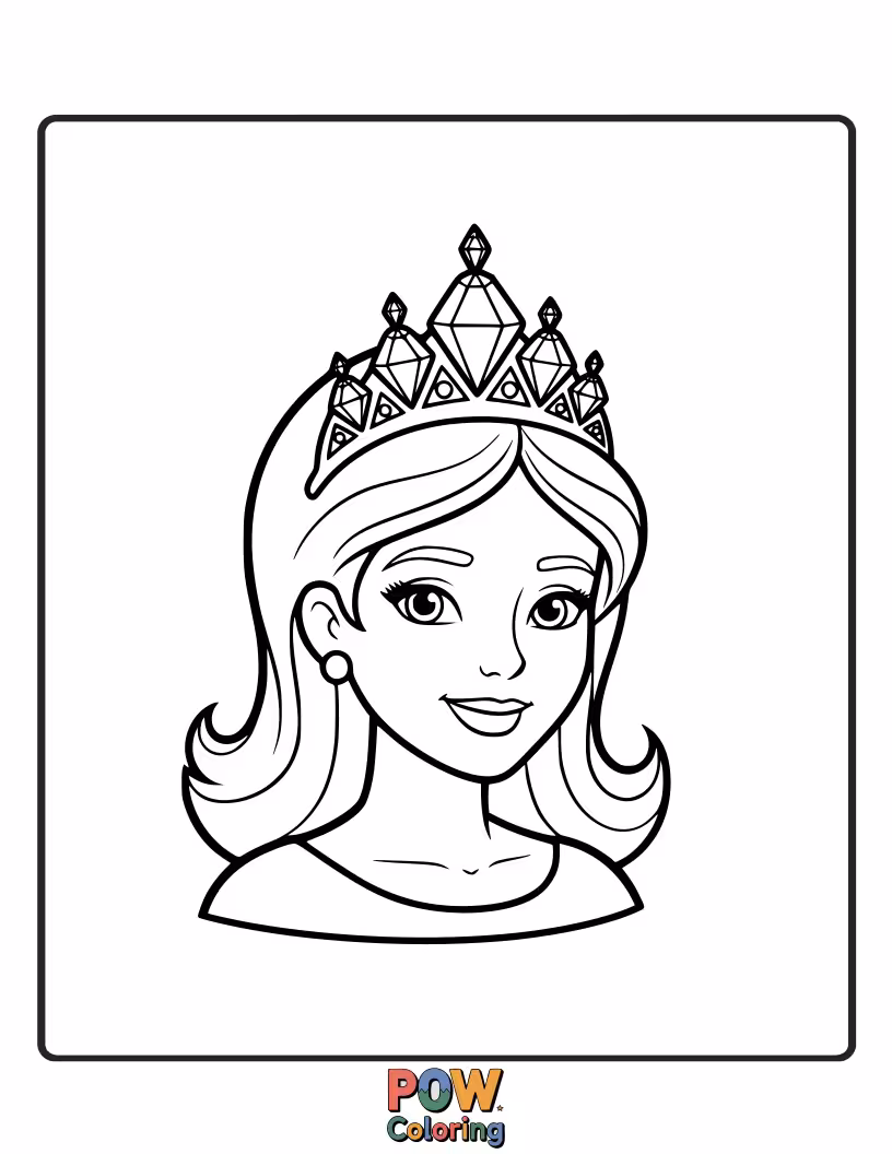 Free coloring page of A glamorous princess wearing a stunning tiara encrusted with sparkling diamonds.