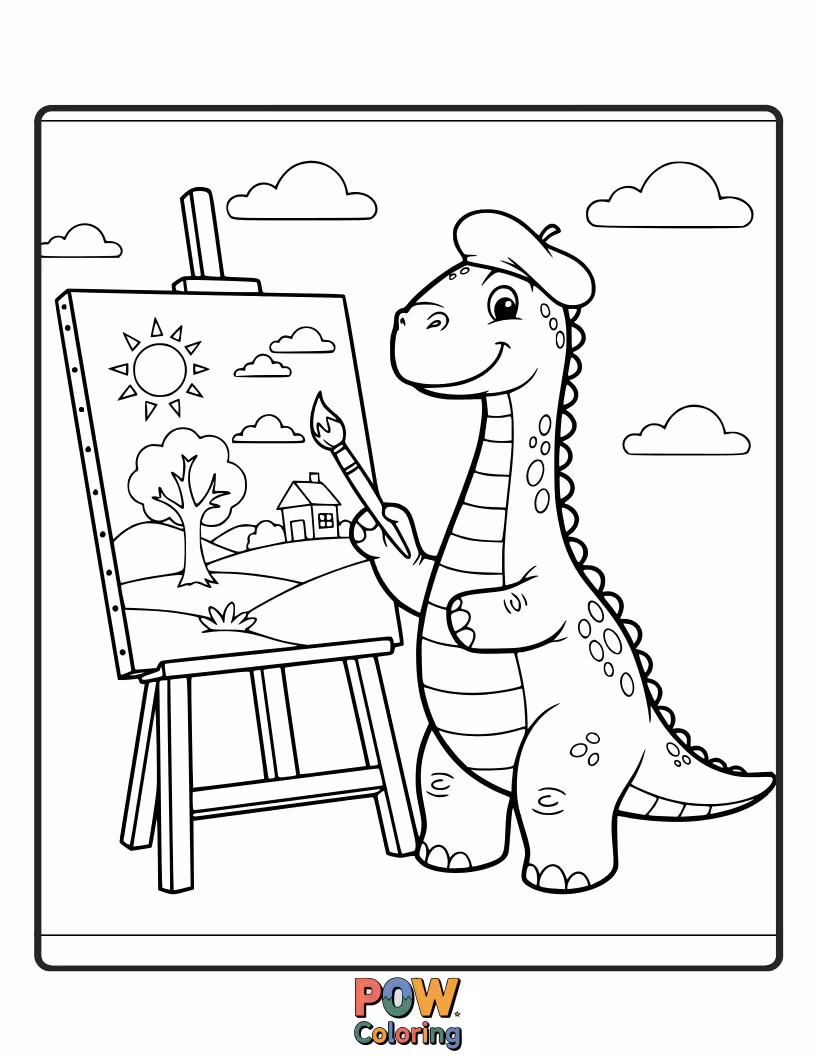Free coloring page of A Stegosaurus is creating a masterpiece on a canvas, splattered with paint.