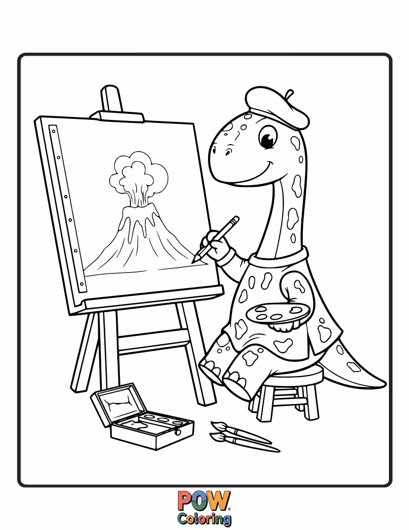Free coloring page of A Triceratops is drawing a portrait of a surprised-looking dinosaur friend.