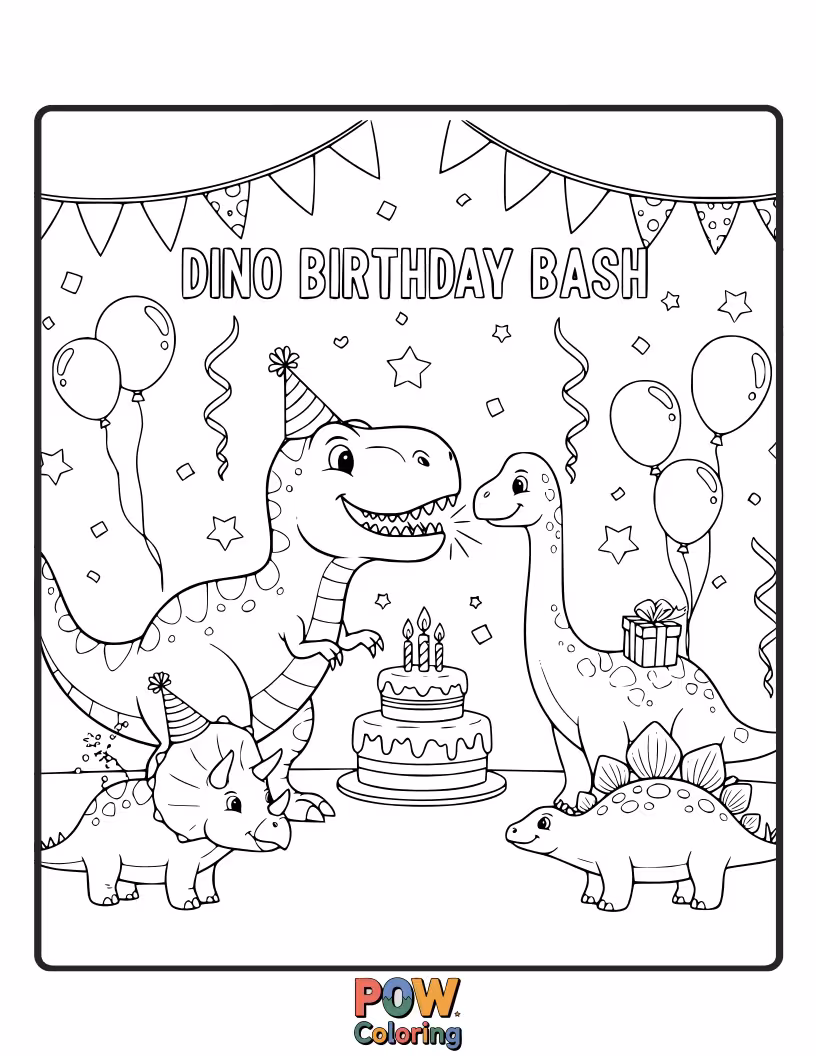 Free coloring page of A Brontosaurus is surrounded by balloons and presents, ready for a big celebration.