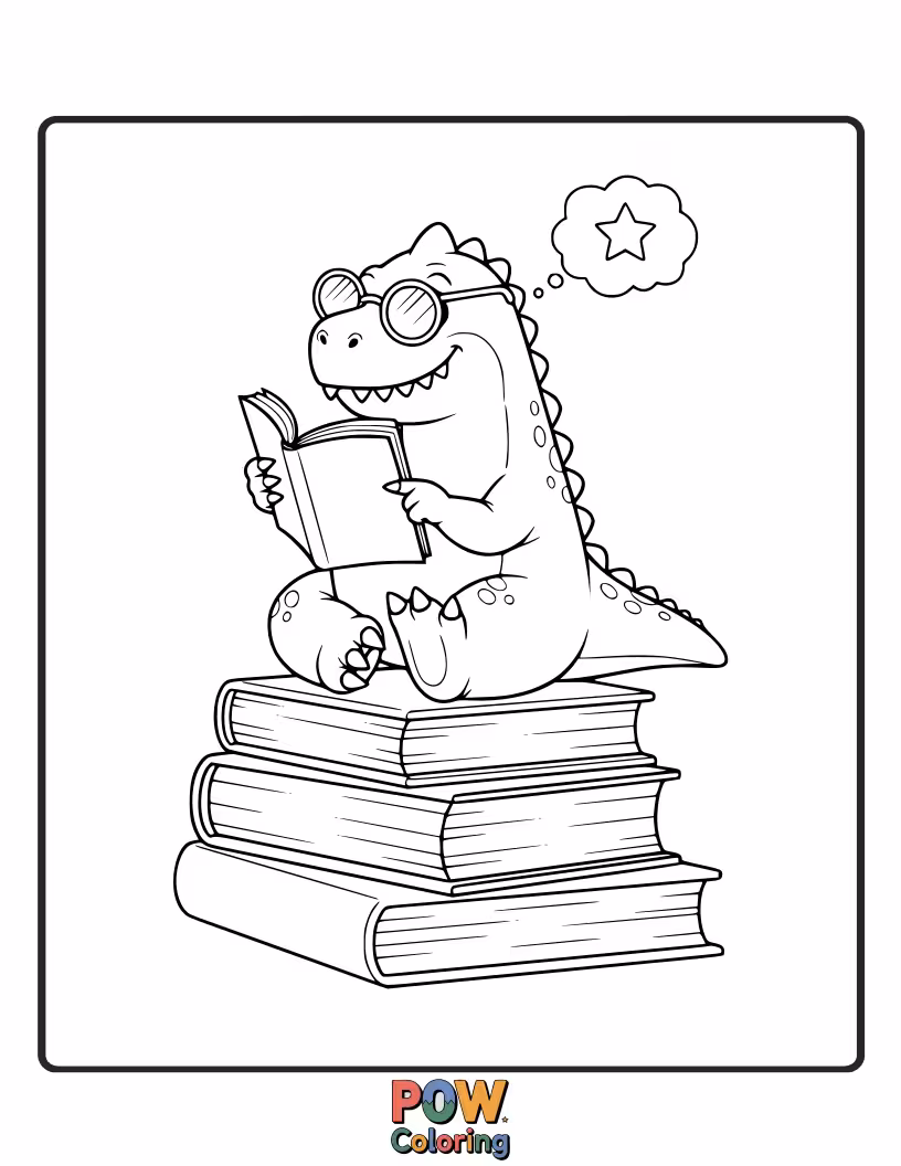 Free coloring page of An Iguanodon is engrossed in a massive book, perched on a stack of other books.