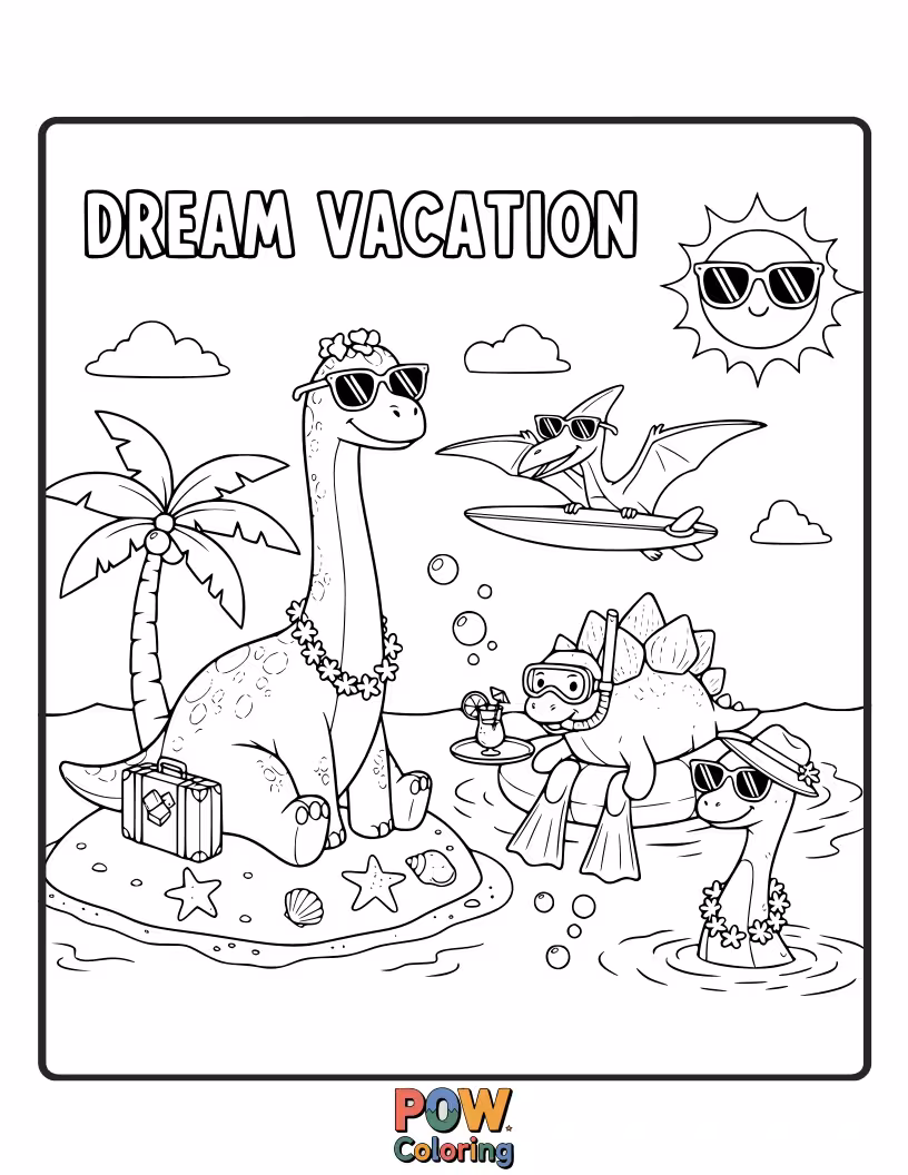 Free coloring page of A T-Rex is relaxing in a hammock on a tropical island, sipping a drink.