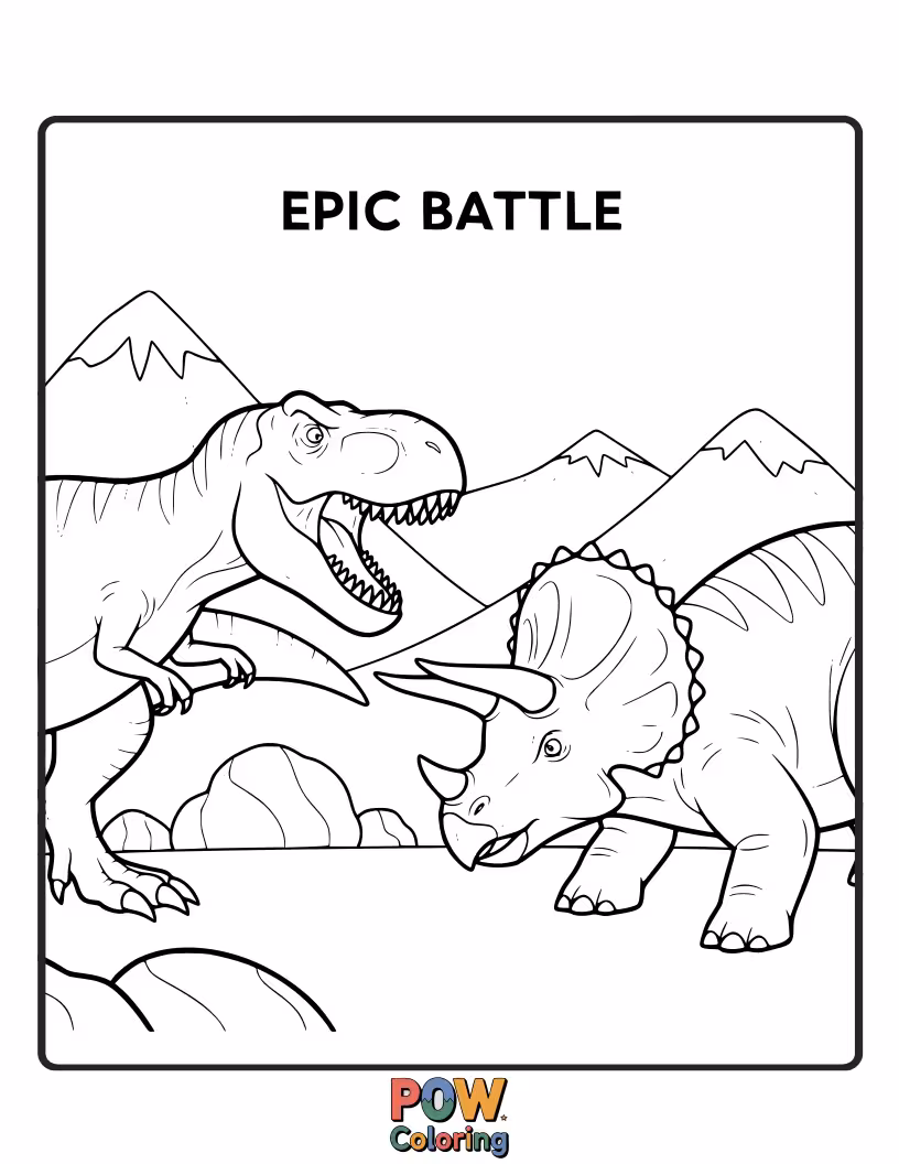 Free coloring page of A Velociraptor is playfully "fighting" a giant rubber duck with a determined look.