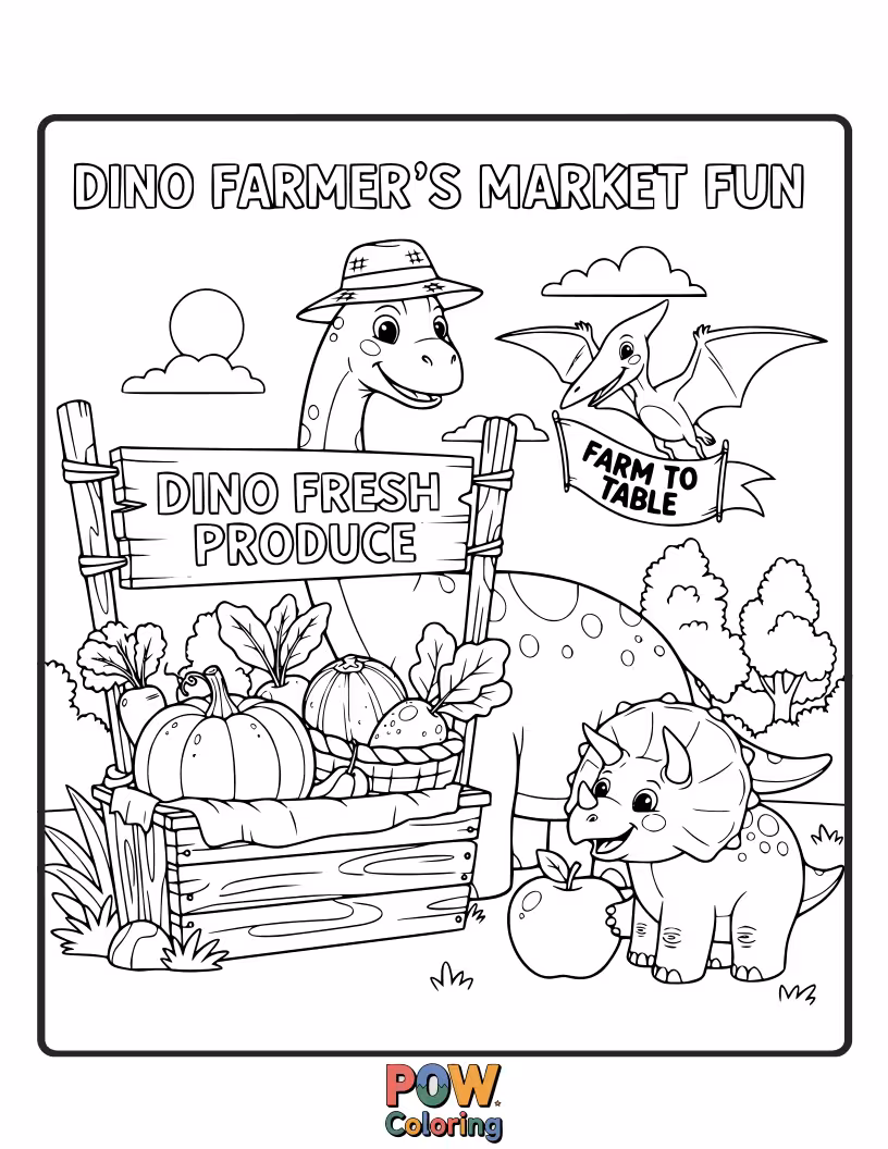 Free coloring page of A Brontosaurus is proudly displaying its giant vegetables at a bustling market stall.