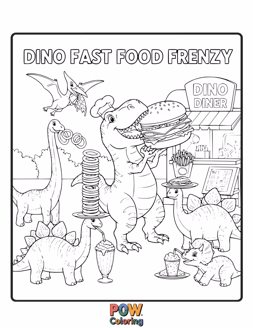 Free coloring page of A Triceratops is trying to eat a burger too big for its mouth.