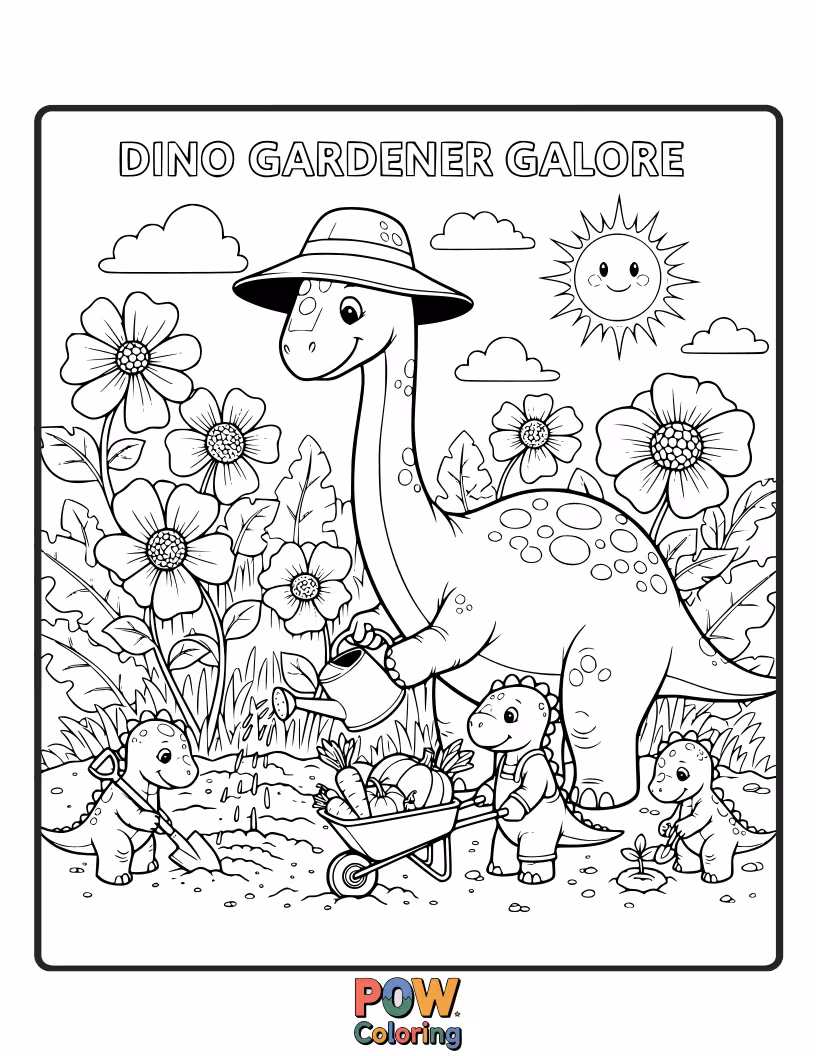 Free coloring page of A Parasaurolophus is tending a garden with oversized flowers and a watering can.