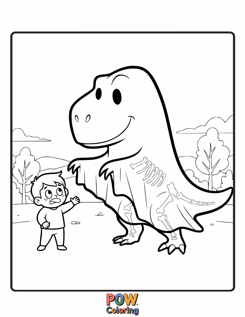 Free coloring page of A Velociraptor is trying to catch a mischievous, transparent ghost.