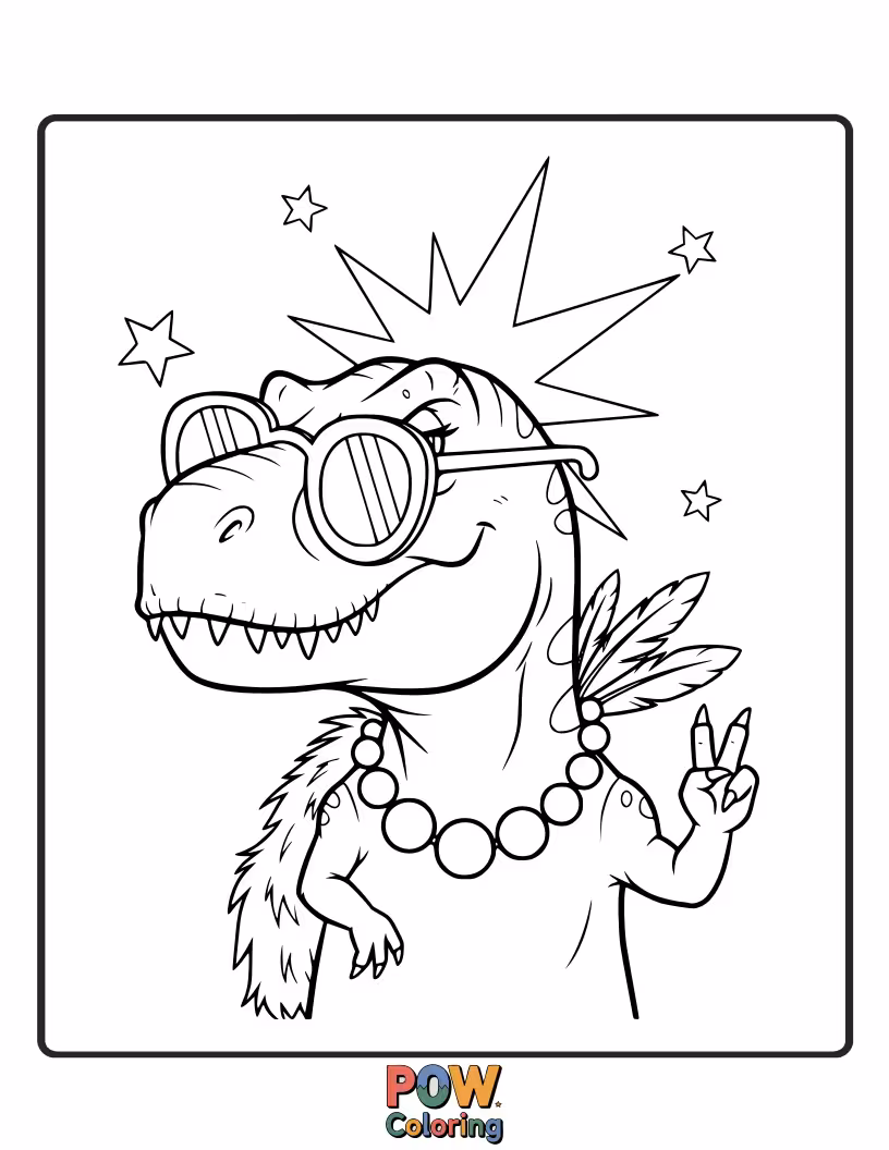 Free coloring page of A Brontosaurus is posing dramatically, adorned with sparkles and fancy jewelry.