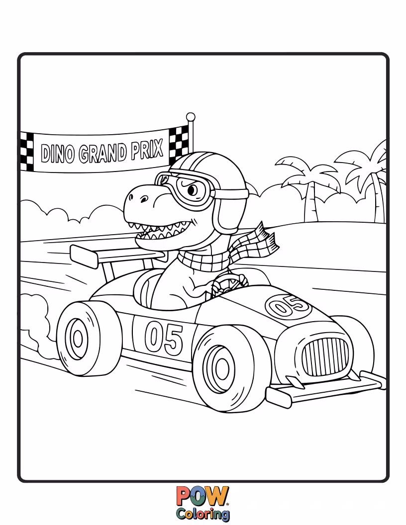 Free coloring page of A Pterodactyl is speeding around a race track in a tiny, colorful car.