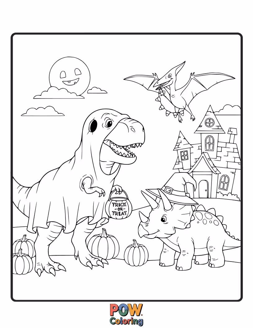 Free coloring page of A Stegosaurus is dressed as a friendly ghost, handing out candy.