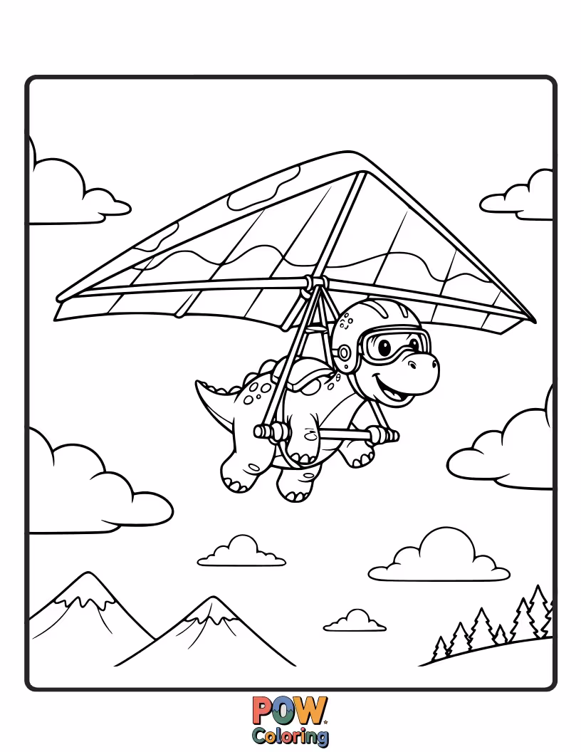 Free coloring page of A Gallimimus is soaring through the air on a colorful hang glider.