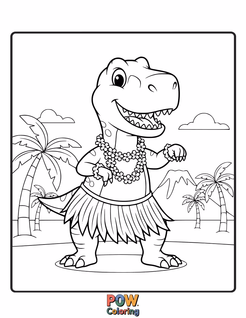 Free coloring page of A Parasaurolophus is joyfully dancing the hula with a grass skirt.