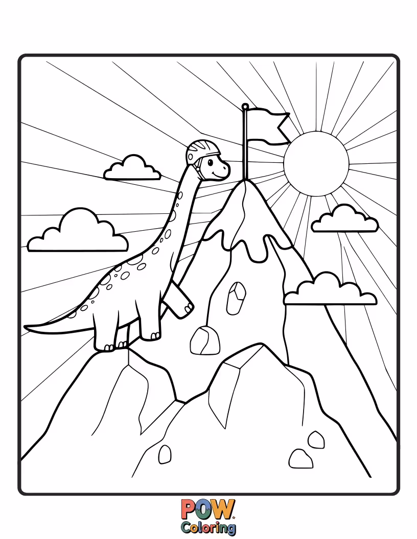 Free coloring page of A Triceratops is bravely scaling a rocky mountain, determined to reach the top.