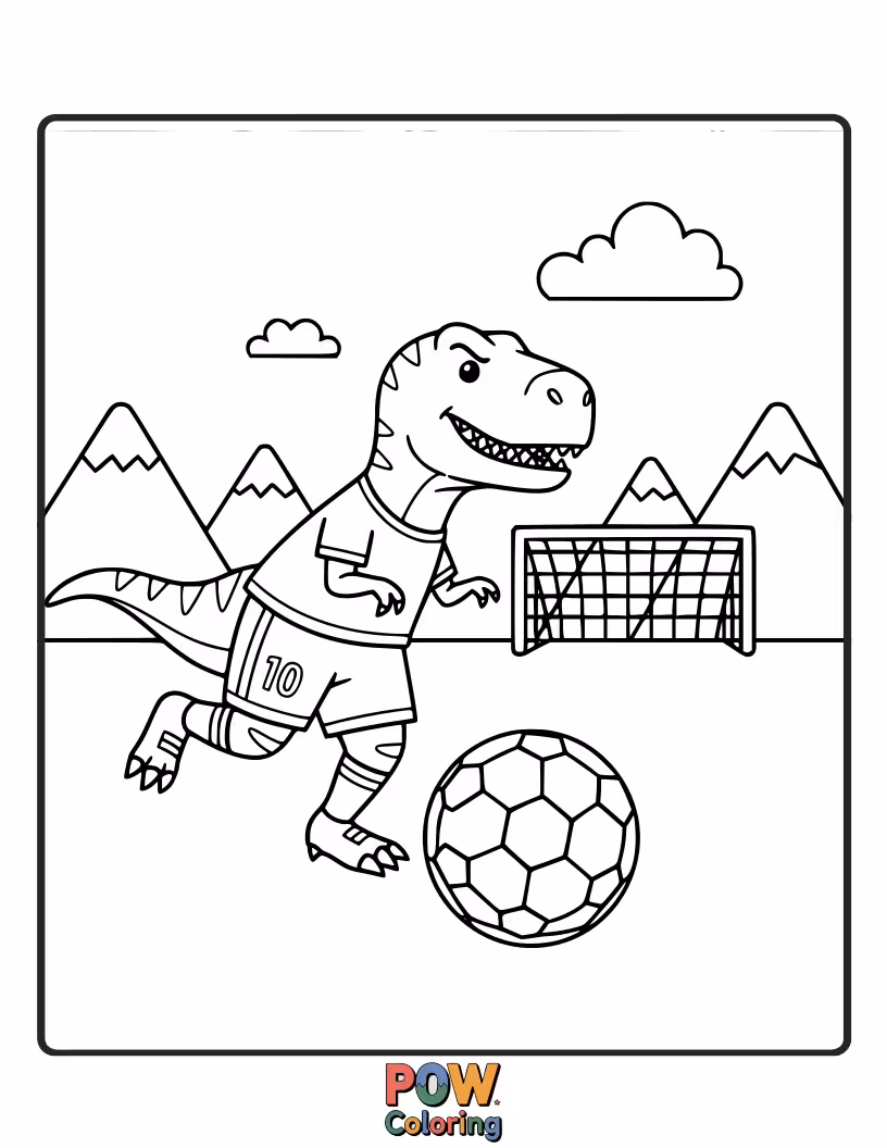 Free coloring page of A Stegosaurus is kicking a soccer ball with its tail, aiming for a goal.