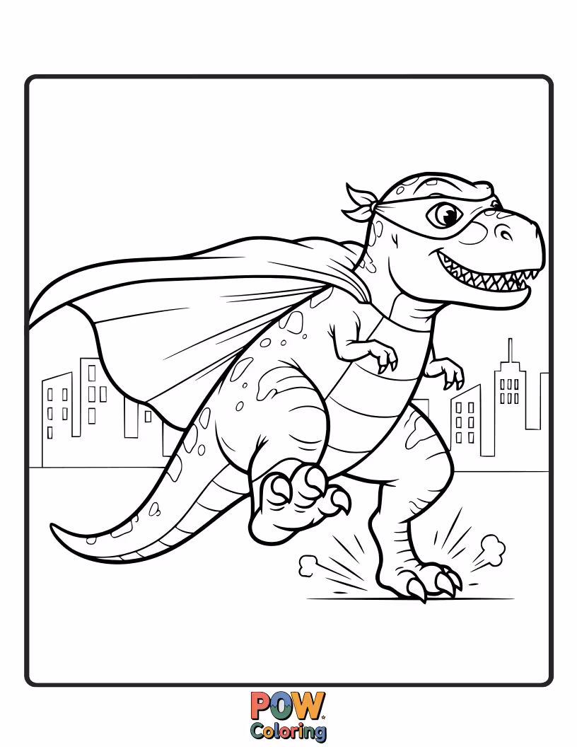 Free coloring page of A Pterodactyl is striking a dramatic superhero pose mid-air, cape flowing.