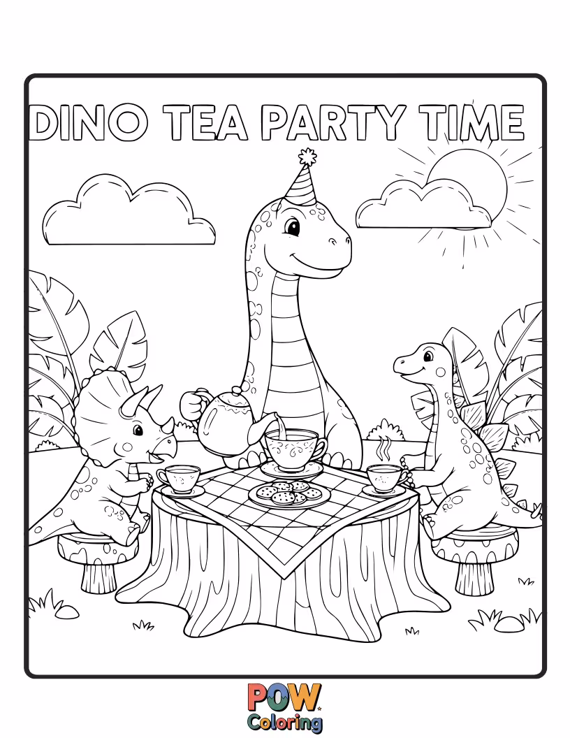 Free coloring page of A little dinosaur is having a fancy tea party with tiny cups and saucers.