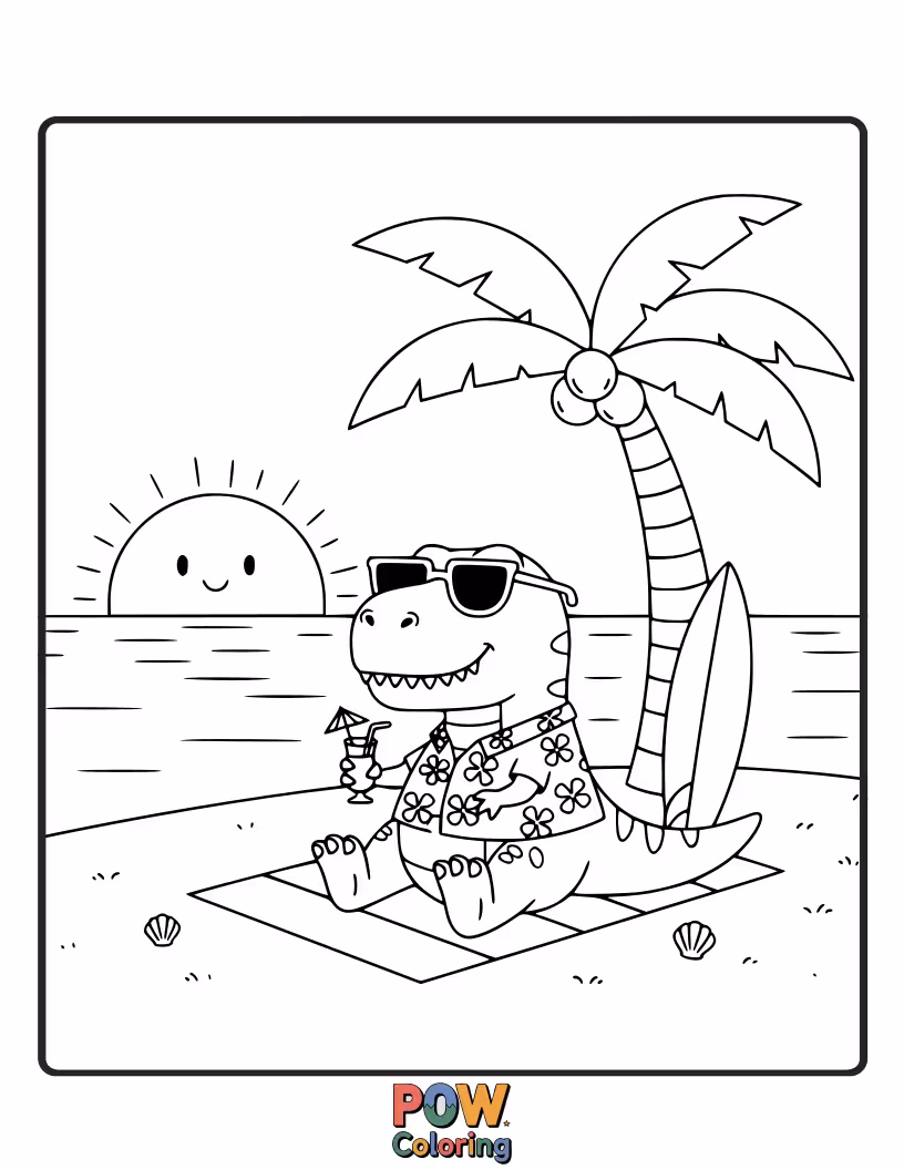 Free coloring page of A Triceratops is building a sandcastle, complete with a tiny dinosaur flag.