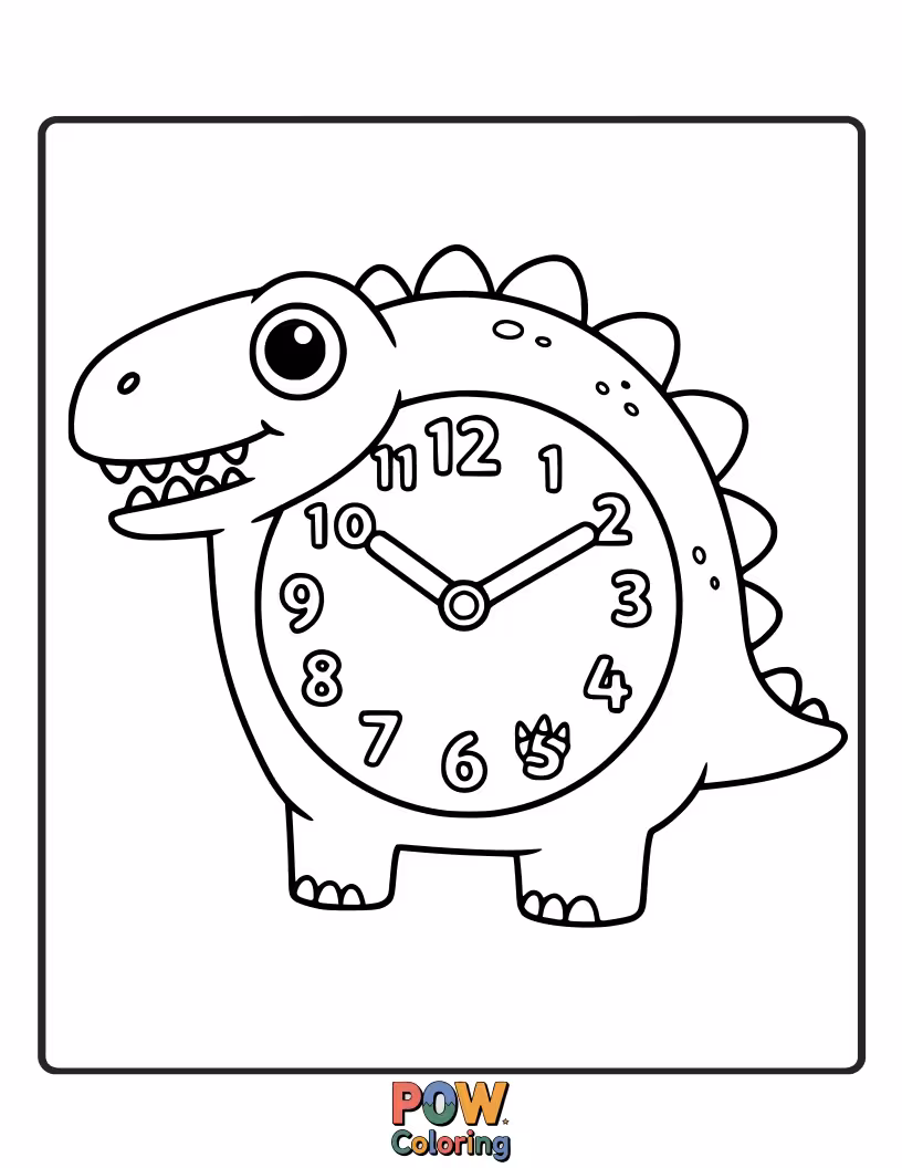 Free coloring page of Roaring fun with a dinosaur-themed clock, perhaps a T-Rex pointing to the time.