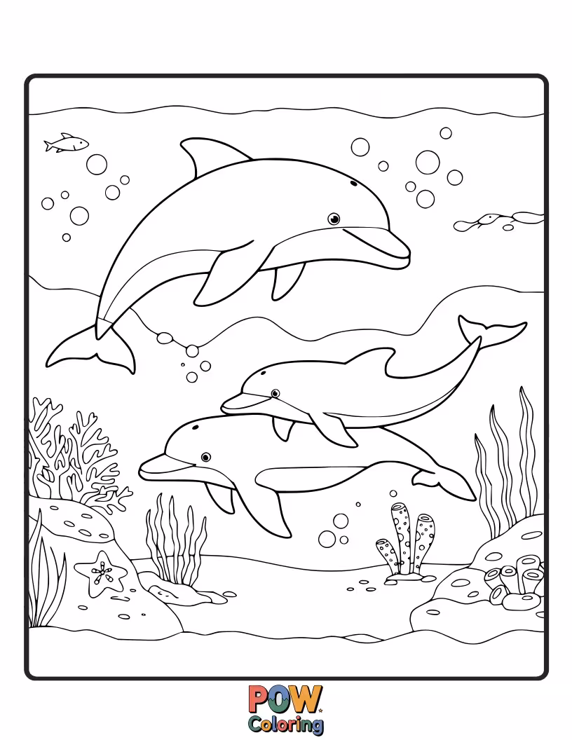 Free coloring page of A group of dolphins swimming together in the deep blue sea, surrounded by seaweed.