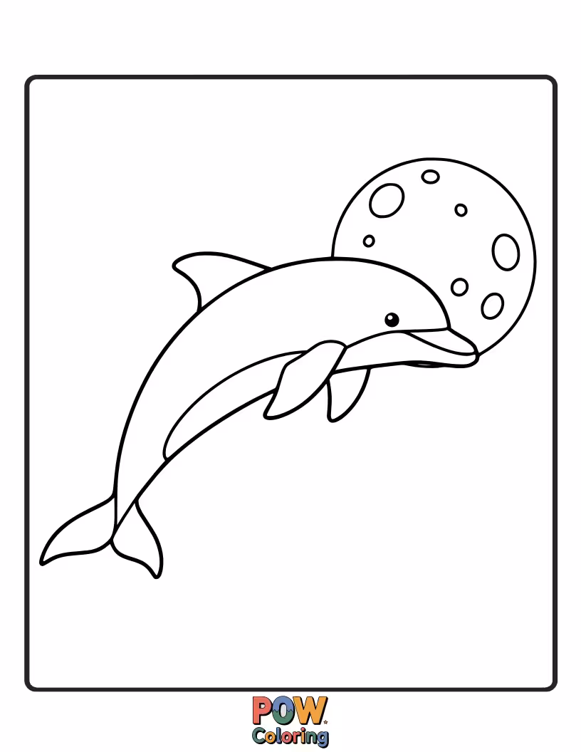 Free coloring page of A dolphin leaps under a big, friendly moon in the night sky.