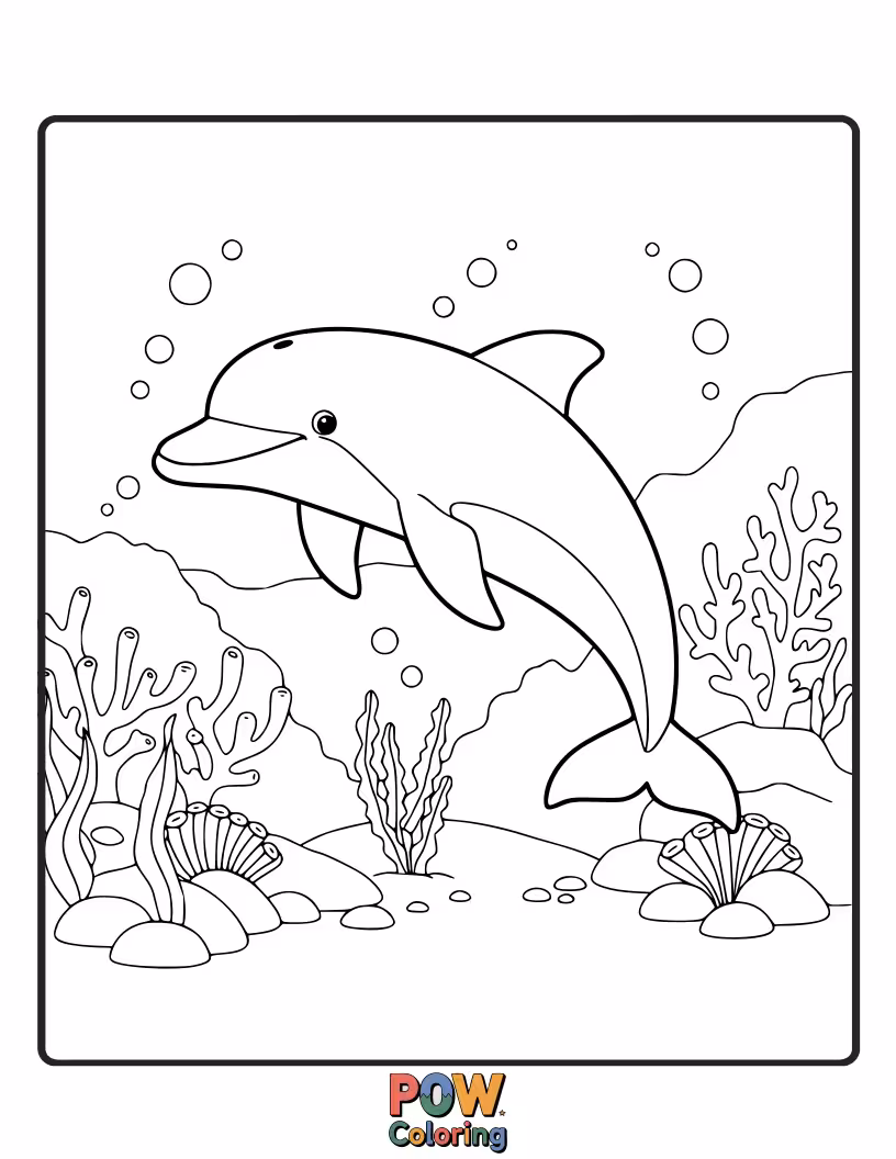 Free coloring page of A dolphin gracefully navigates through a vibrant coral reef filled with fish.