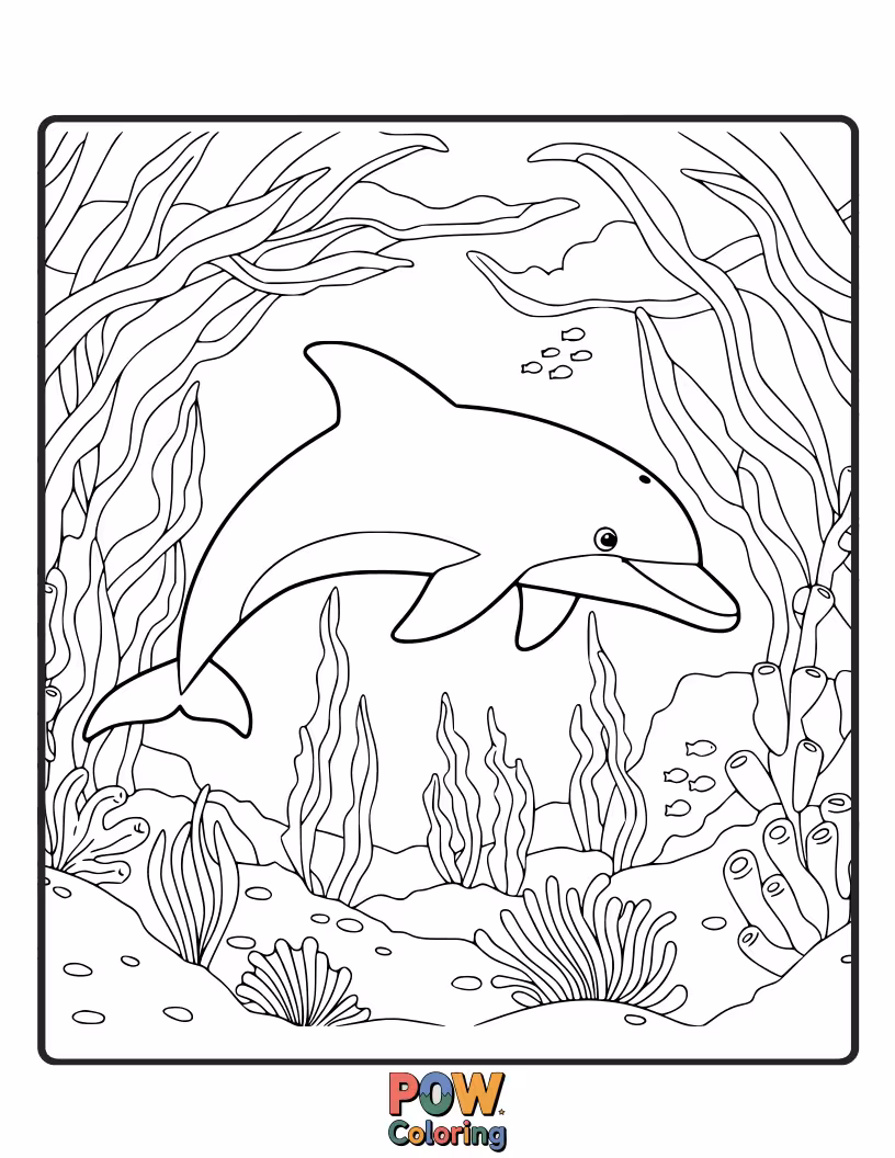 Free coloring page of A dolphin weaving through a lush, green kelp forest underwater.