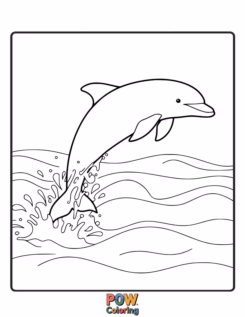 Free coloring page of A dolphin swimming in clear, warm tropical waters with palm trees visible above.