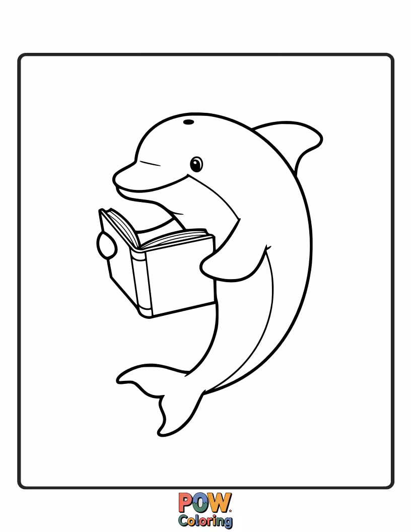 Free coloring page of A cute dolphin holding an open book in its mouth, ready to learn.