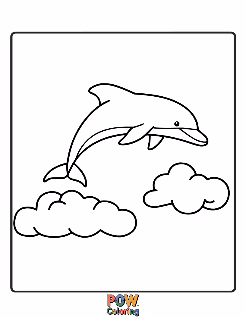 Free coloring page of A whimsical dolphin jumping near a fluffy cloud in the sky.