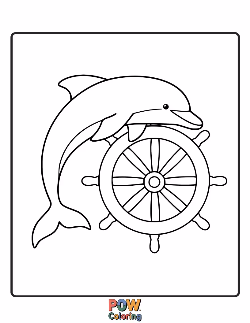 Free coloring page of A curious dolphin swimming around a ship's wheel at the bottom of the sea.