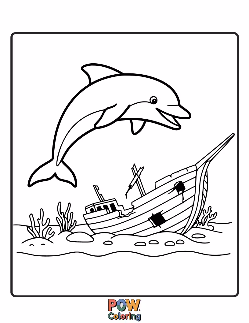 Free coloring page of A curious dolphin exploring the remains of an old shipwreck on the seabed.