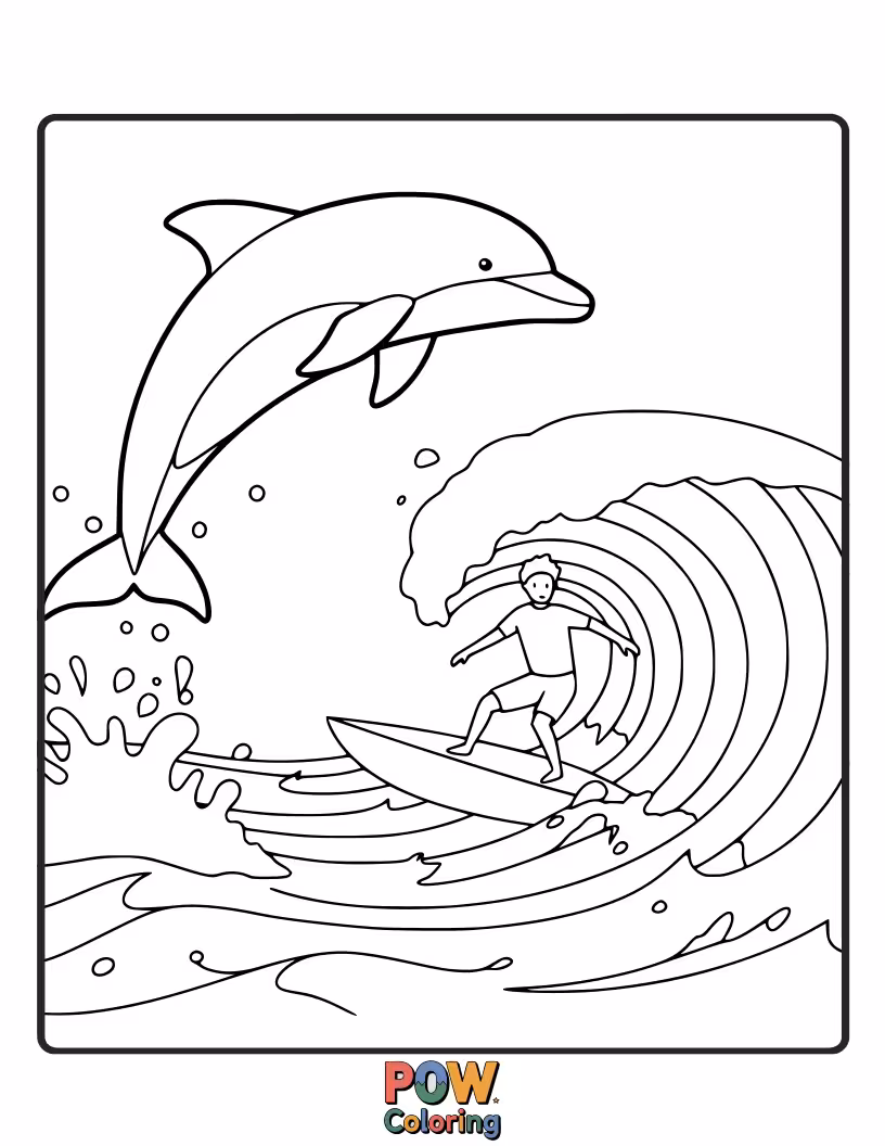 Free coloring page of A dolphin swims alongside a surfer, sharing the ocean waves.