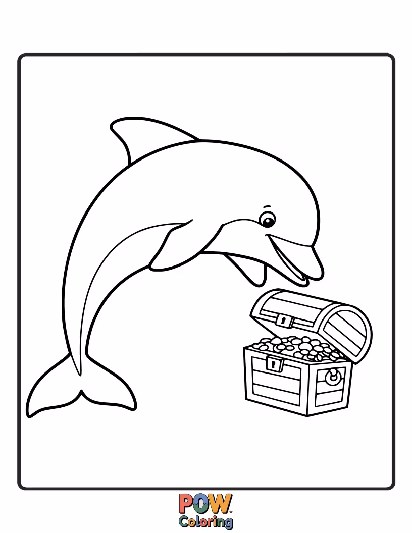 Free coloring page of A playful dolphin discovering an open treasure chest filled with shiny coins.