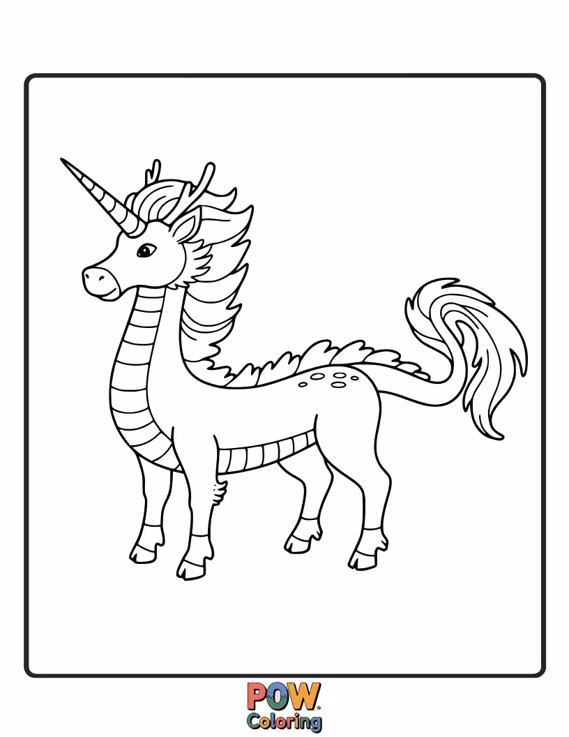Free coloring page of Brave unicorn befriending a friendly, colorful dragon.