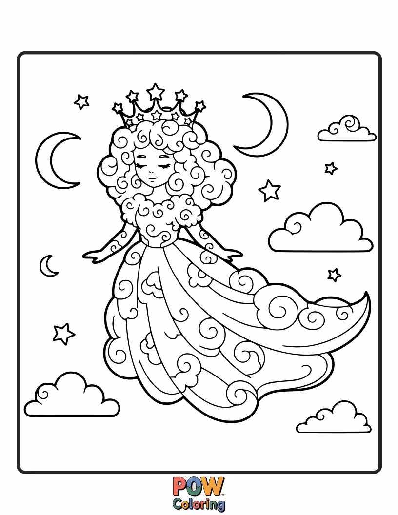Free coloring page of A whimsical princess floating on a fluffy cloud, enjoying the gentle breeze.